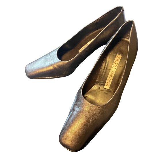 Enzo Angiolini Black Leather Heels Womens Shoes 7M Square Toe Made In Spain - Picture 1 of 9